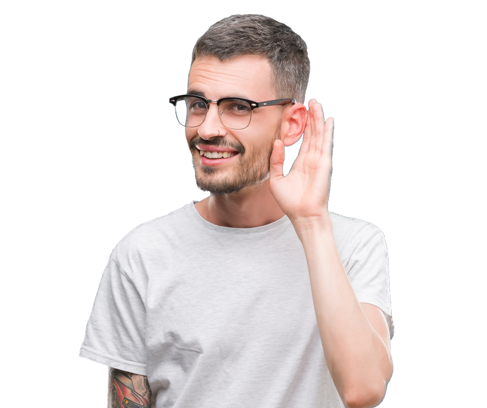 Man with his hand held to his ear