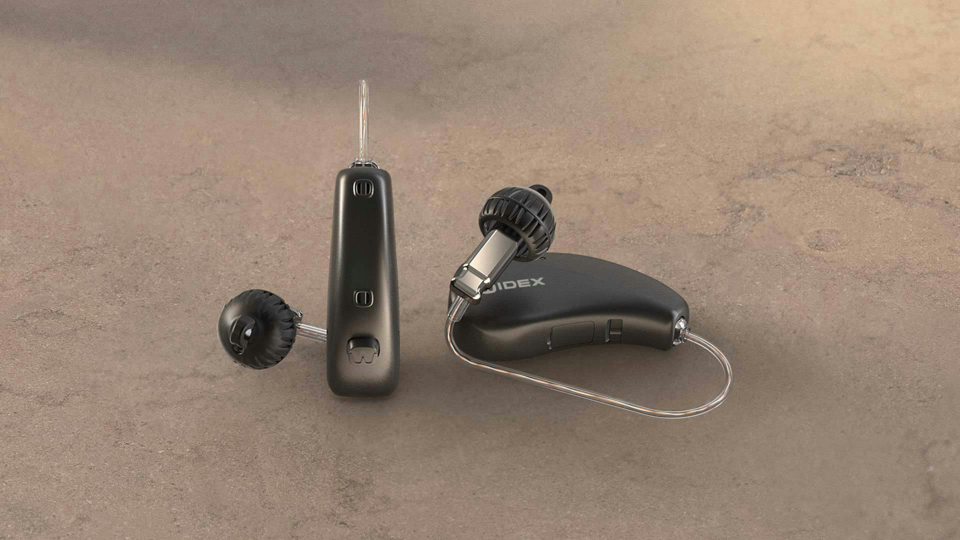 Widex hearing aids on a counter top