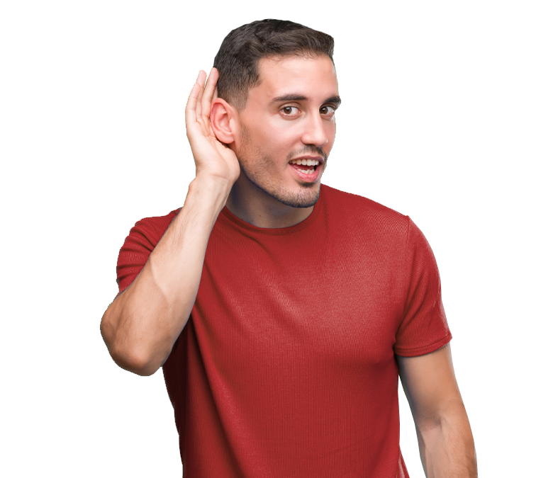 Man with his hand up to his ear